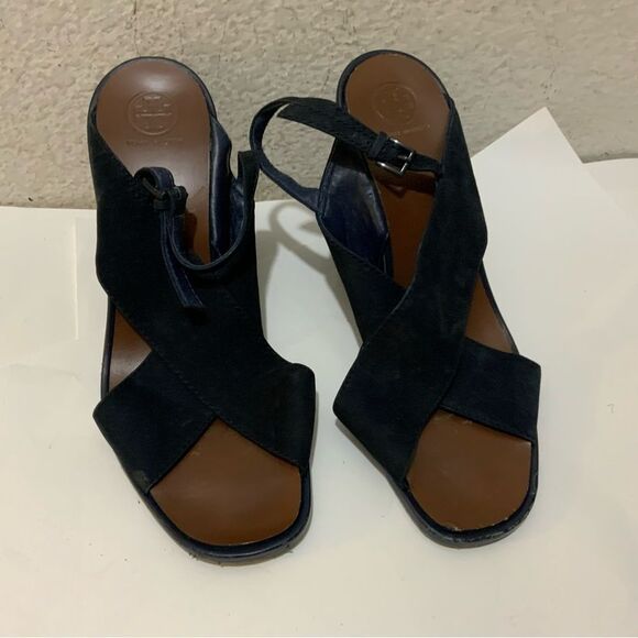 Tory Burch Navy Blue Suede Gabrielle Slingback Wedge Sandals Womens Size 8.5 M - Picture 15 of 16